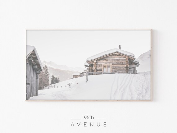 Snow Covered Log Cabin in the Mountains Winter Landscape Poster