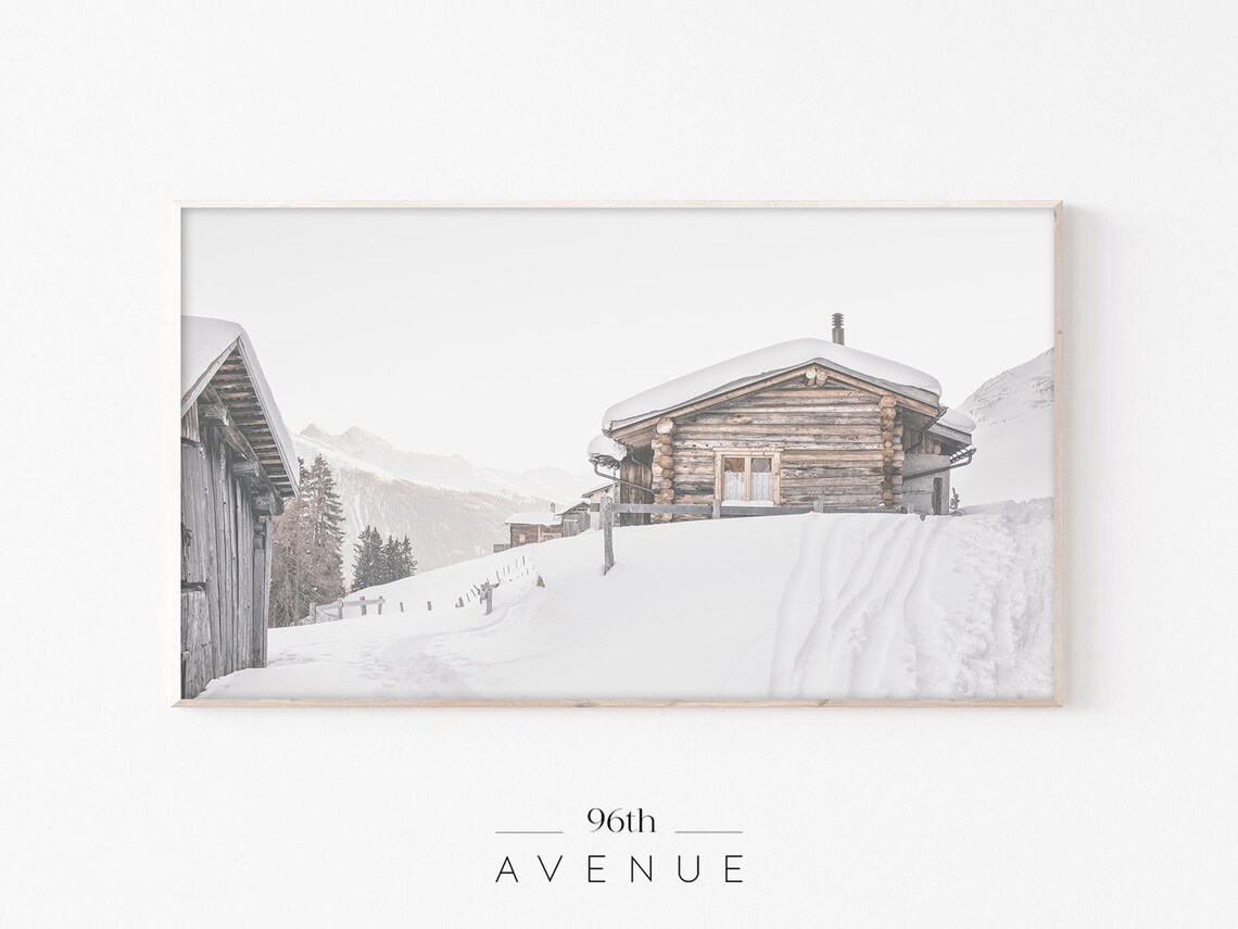 Snow Covered Log Cabin in the Mountains Winter Landscape Poster