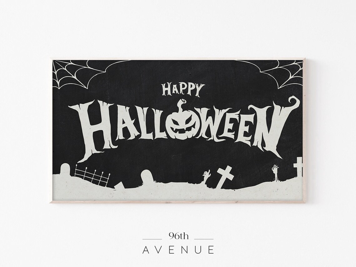 Happy Halloween Chalkboard Sign Spooky Graveyard Bats Poster