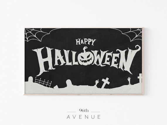 Happy Halloween Chalkboard Sign Spooky Graveyard Bats Poster
