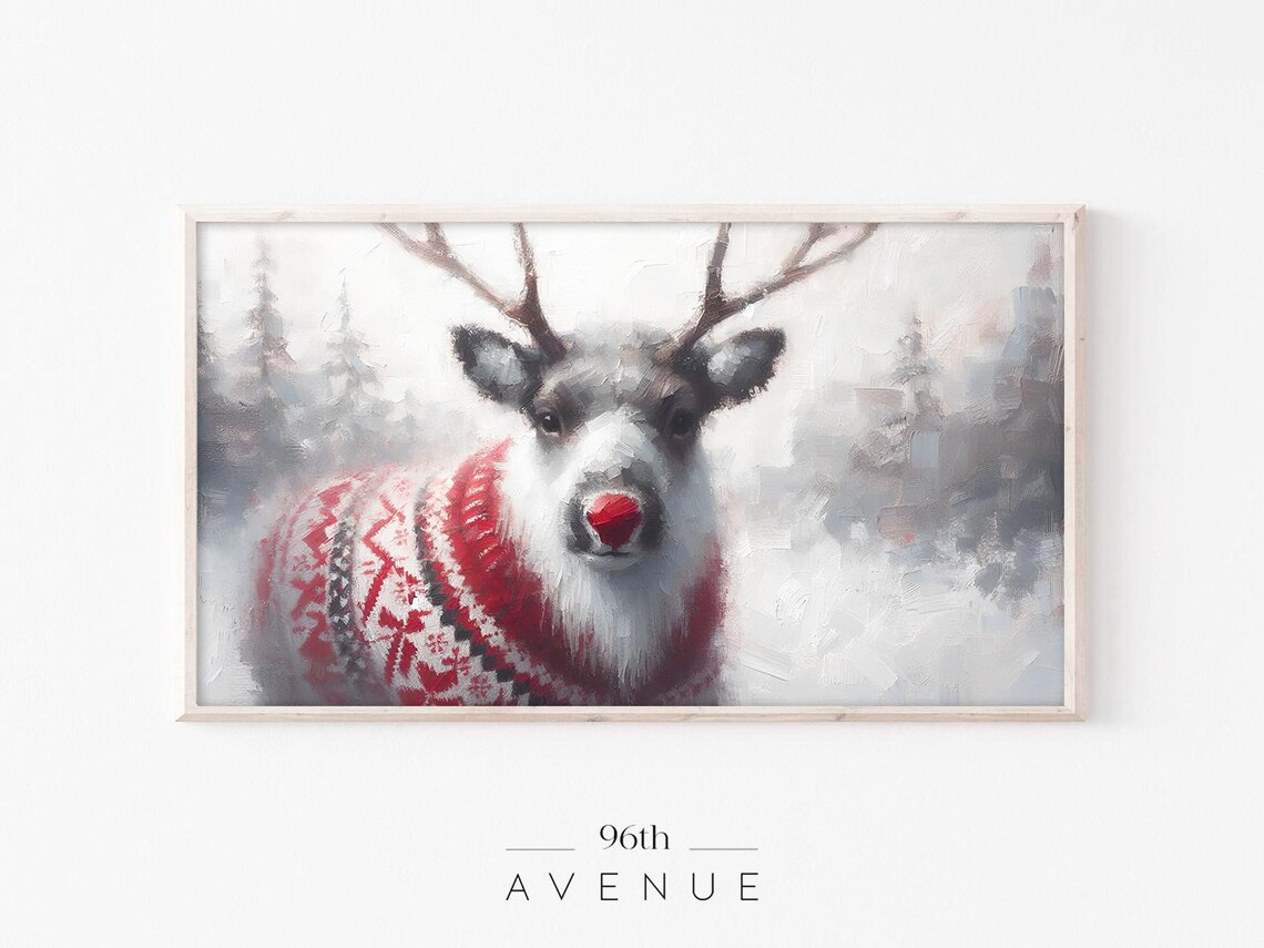 Reindeer with Red Nose in Christmas Sweater Winter Animal Art Poster