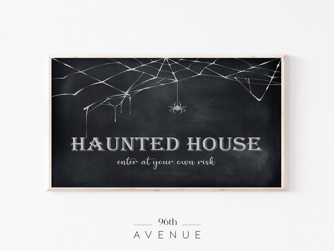 Haunted House Chalkboard Sign With Spider Web Halloween Art Poster