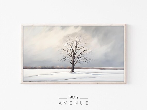 Lone Bare Tree in Snowy Field Overcast Winter Painting Poster