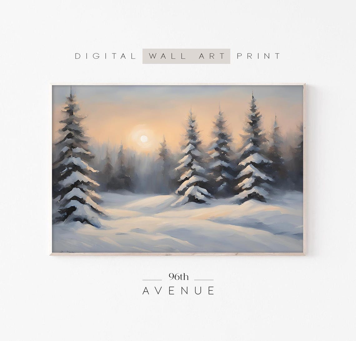 Winter Sunset Glow Over Snowy Pine Forest Vintage Painting Poster