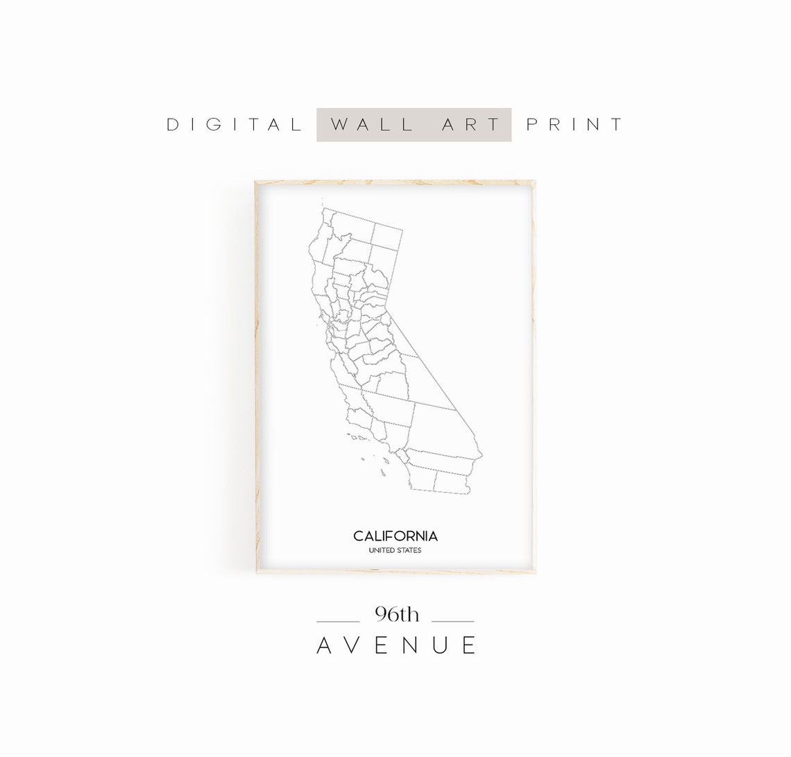 California State County Line Map Minimalist Typography Print