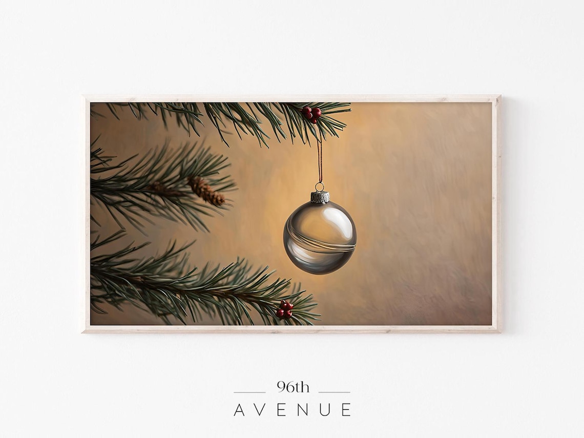 Silver Christmas Ornament on Pine Branch Warm Holiday Photo Poster