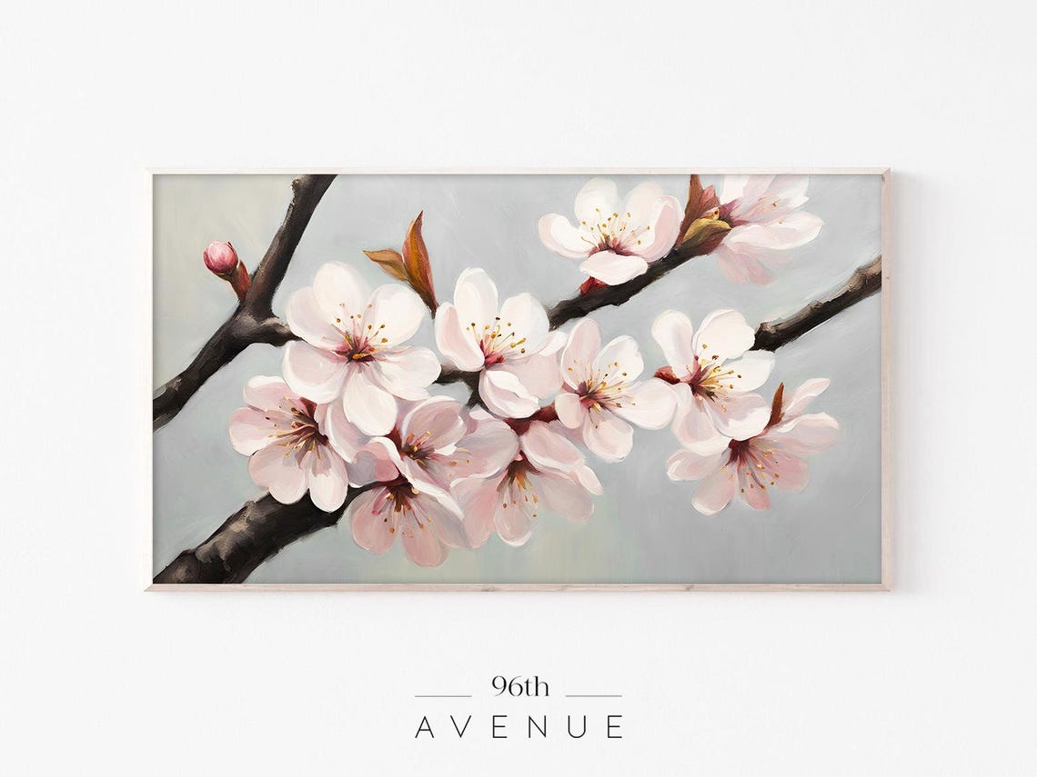 Pink Cherry Blossom Branch Close Up Spring Flower Painting Poster