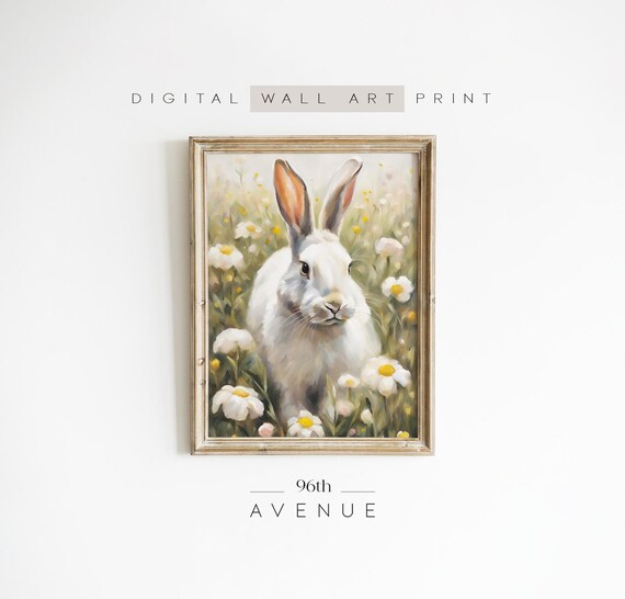 White Bunny Among Daisies Spring Meadow Rabbit Painting Wall Art