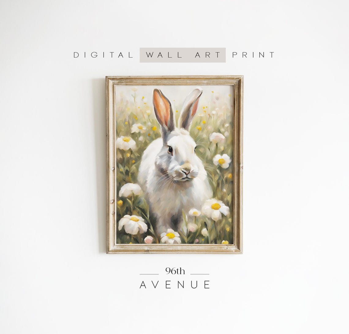 White Bunny Among Daisies Spring Meadow Rabbit Painting Wall Art