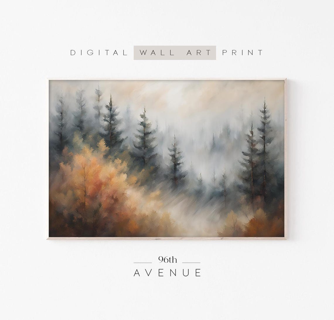 Misty Autumn Forest with Pine Trees and Golden Foliage Art Poster