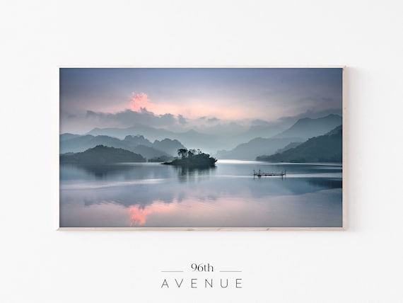 Pink Sunset Lake Landscape Art Print, Frame TV Art