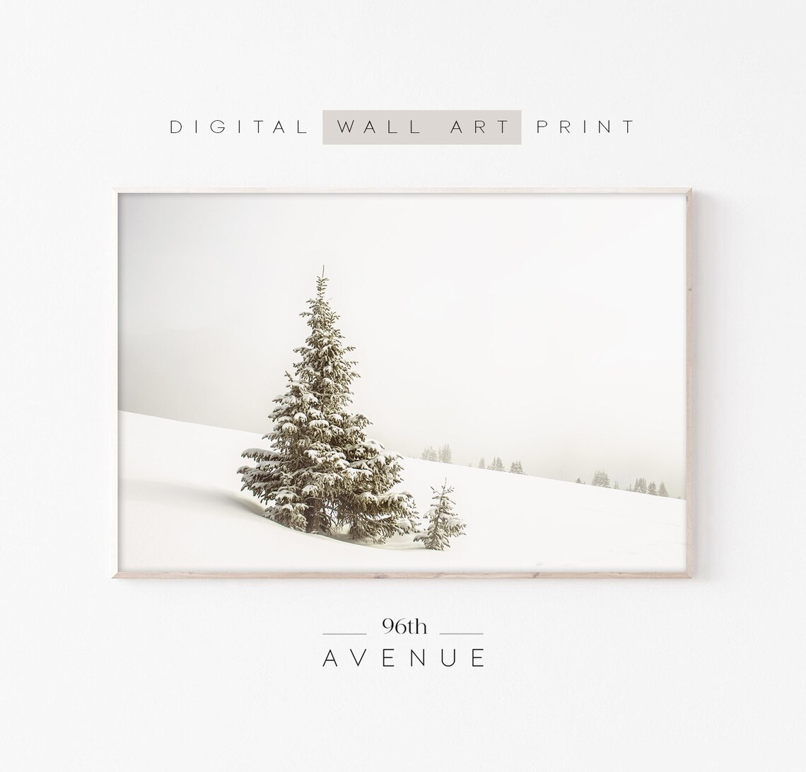 Lone Snowy Fir Trees on White Hillside Misty Winter Landscape Poster