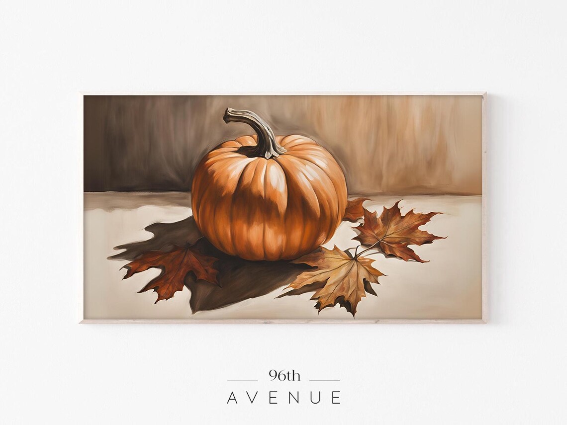 Orange Pumpkin with Maple Leaves Autumn Still Life Painting Poster