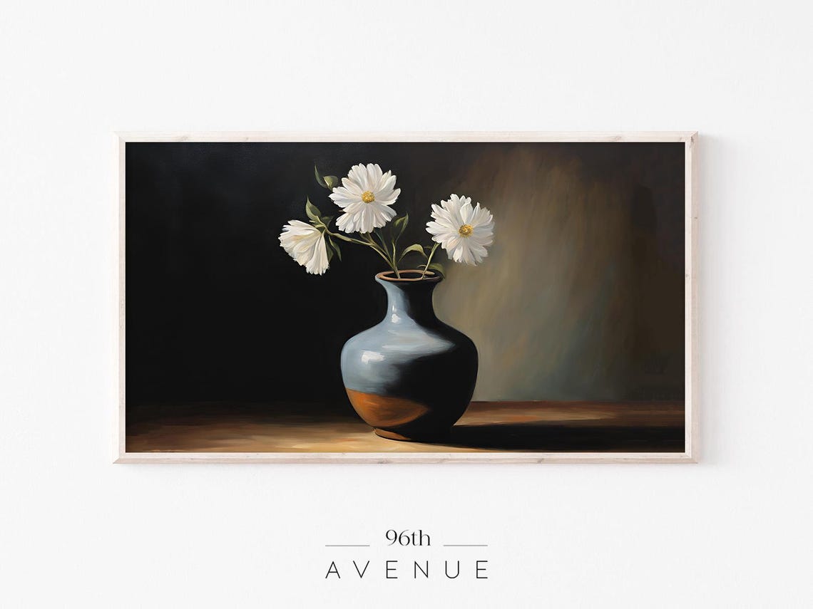 Dark Moody White Cosmos in Blue Vase Still Life Floral Poster