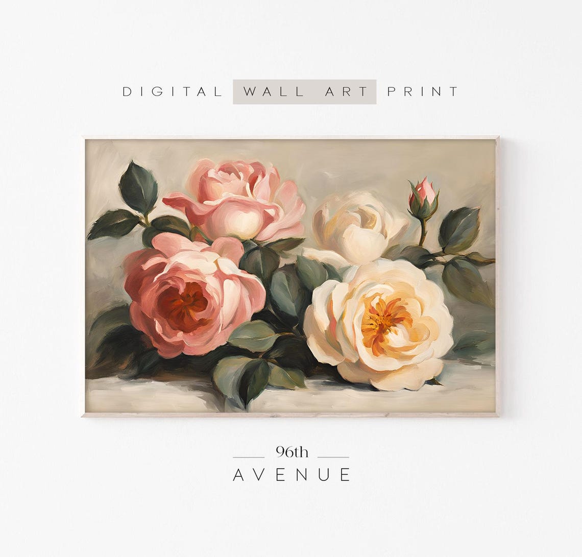 Vintage Floral Still Life Painting Blush Rose Flowers Feminine Art Farmhouse Botanical Painting Print 1098