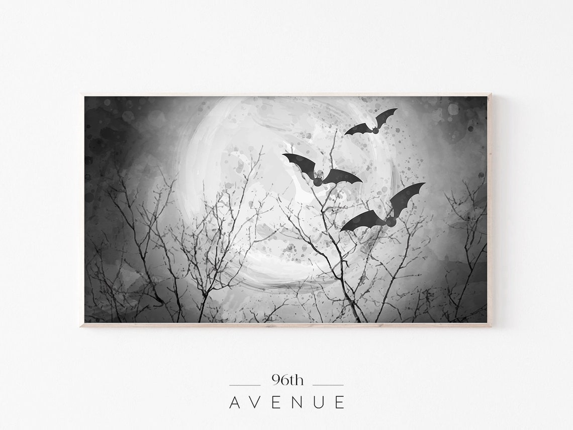 Bats Flying Across Full Moon Spooky Halloween Night Artwork Wall Art