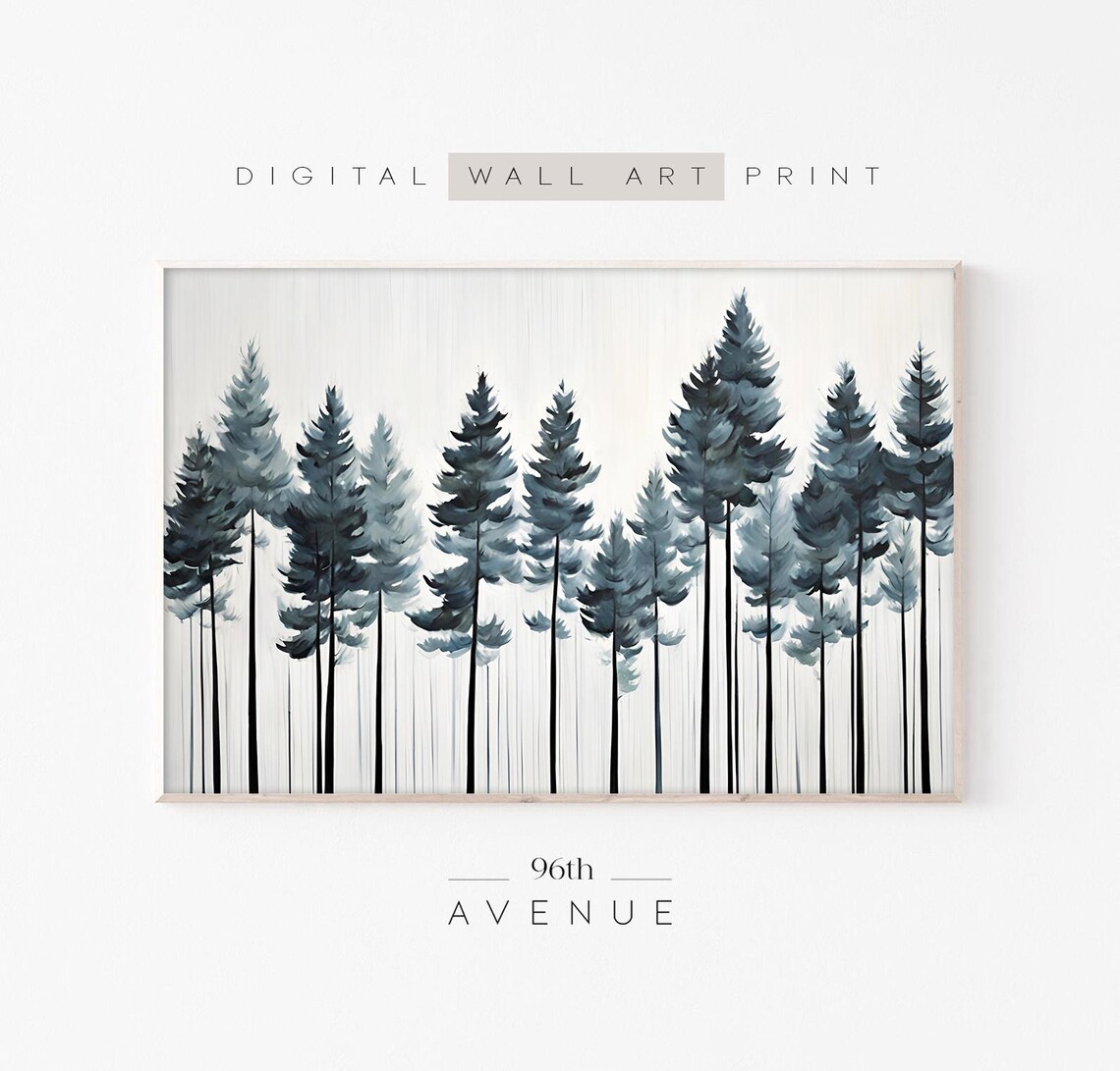 Serene Tall Watercolor Pine Forest in Soft Blue Gray Tones Poster