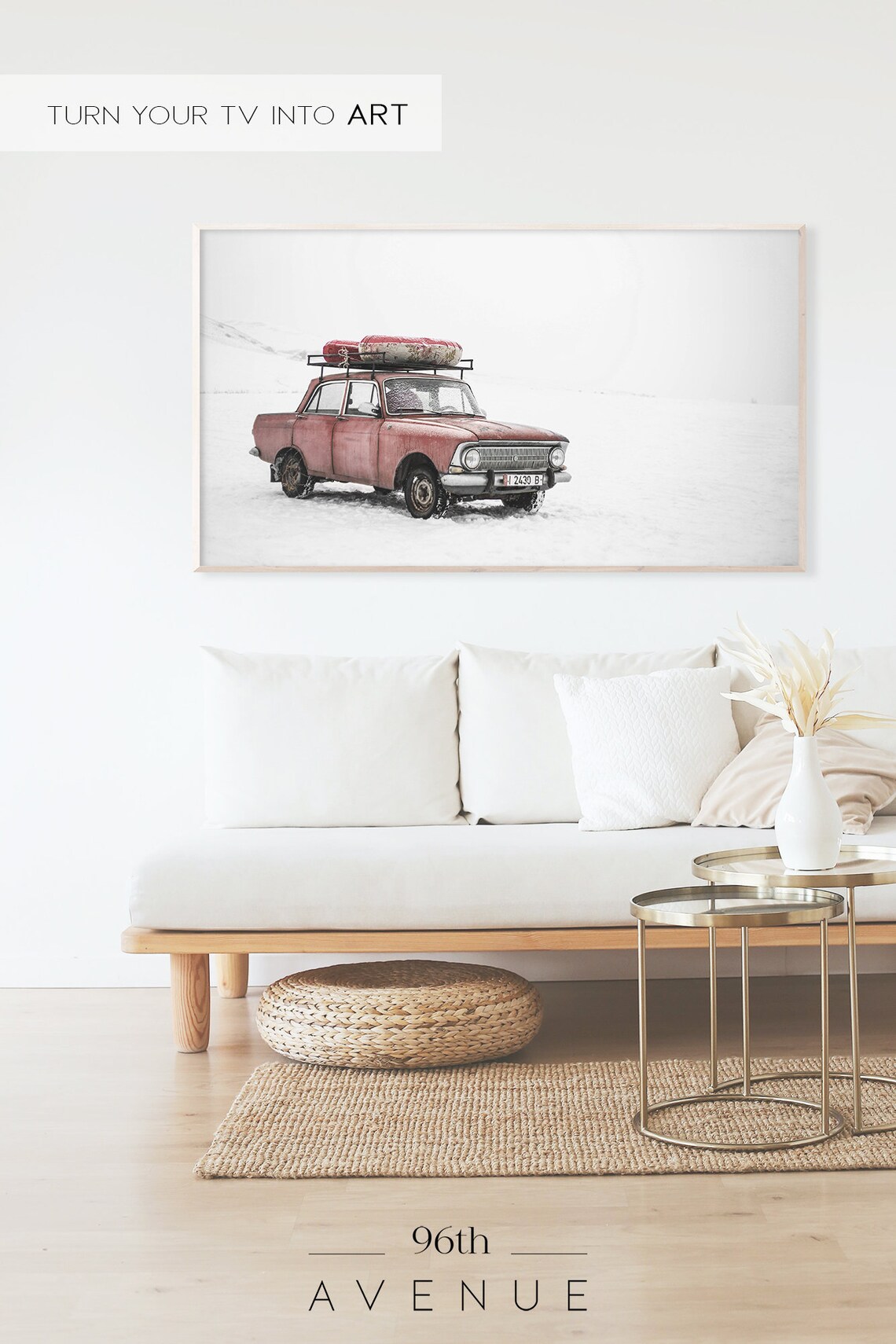 Vintage Red Sedan Carrying Christmas Tree Through Snow Poster - Image 2