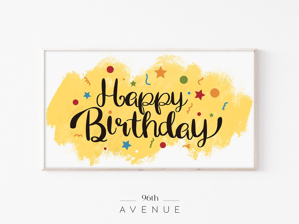 Happy Birthday Black Script on Yellow Watercolor Party Art Poster