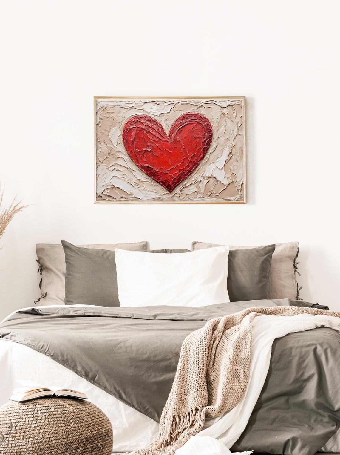 Bold Red Heart Textured Impasto Cream Background Valentine Art Print - Image 3