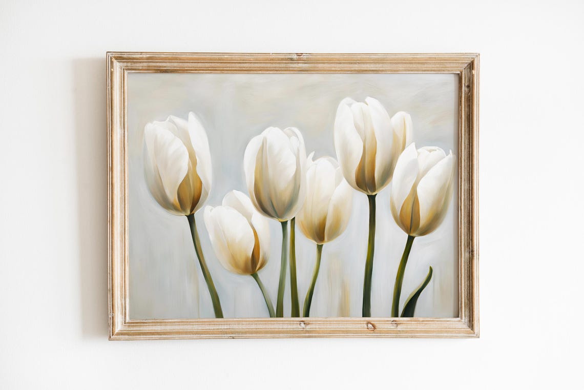 White Tulips Minimalist Neutral Botanical Framed TV Art Print - Image 3