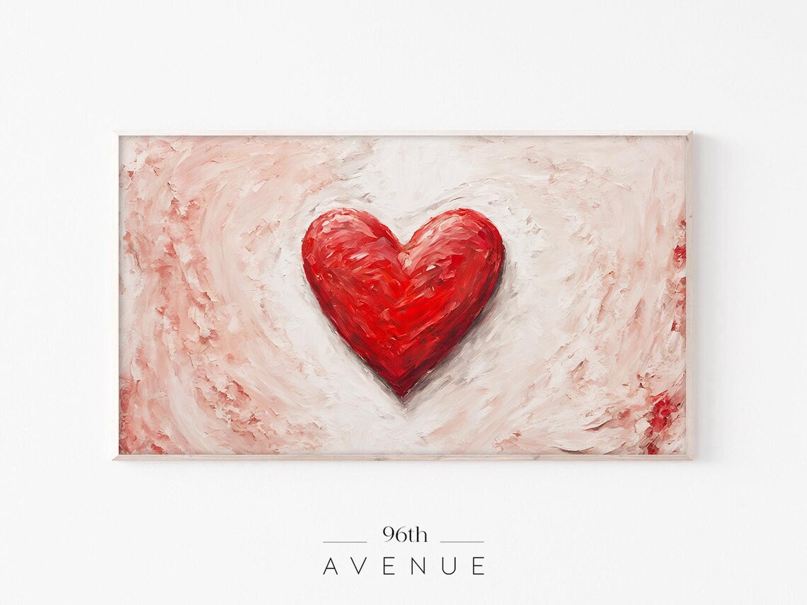 Red Heart Oil Painting On Textured Pink Background Love Art Print