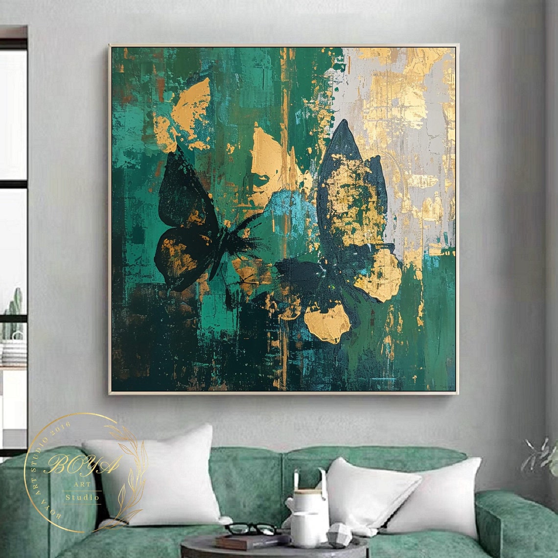 Original Butterfly Abstract Painting Large Green Wall Art Gold Textured Painting Butterfly Abstract Wall Art Modern Green Painting - Image 5