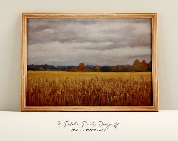 Vintage Corn Field Landscape Art Print, Rustic Autumn
