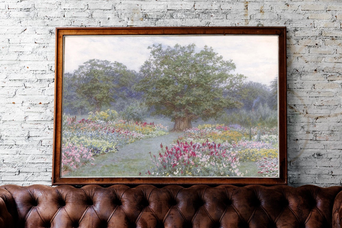 Antique Spring Meadow Wildflower Garden Landscape Oil Painting Print - Image 3