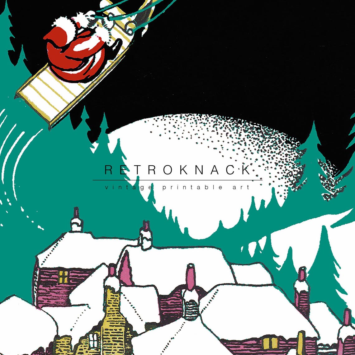Santa Claus Sleigh Night Flight Snowy Town Christmas Decor Poster - Image 2