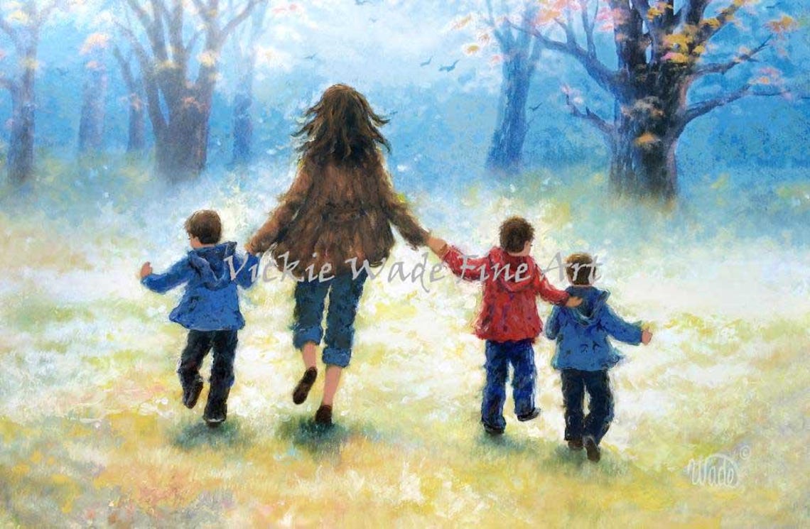 Mother Holding Hands with Her Three Sons Walking Away Poster