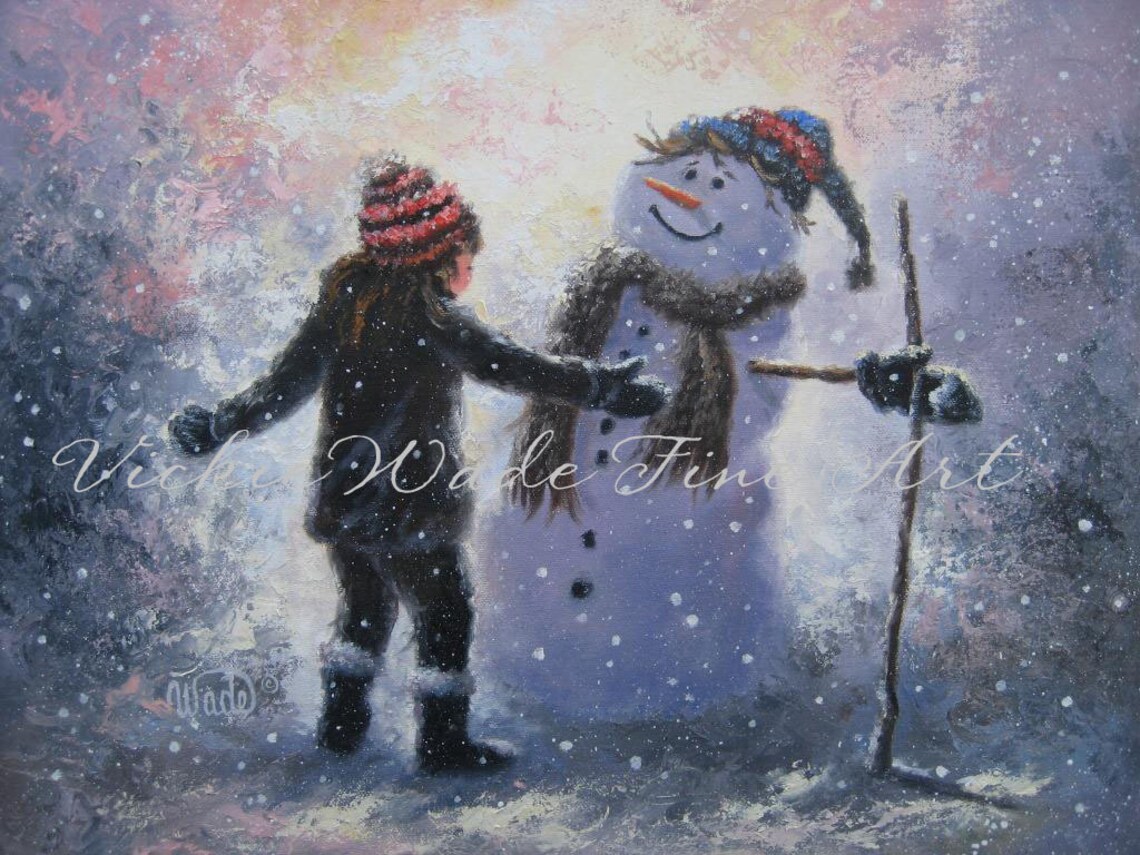 Little Girl Greeting a Smiling Snowman on a Snowy Night Poster