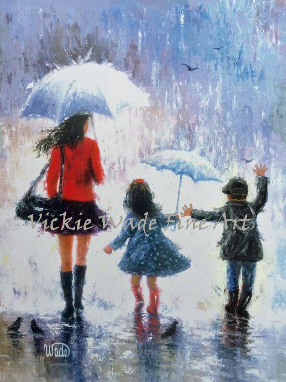 Twins Boy And Girl Art Print Twin Brother And Sister Mother Gift Rain Children Wall Art Umbrellas Blonde Mom Vickie Wade Art