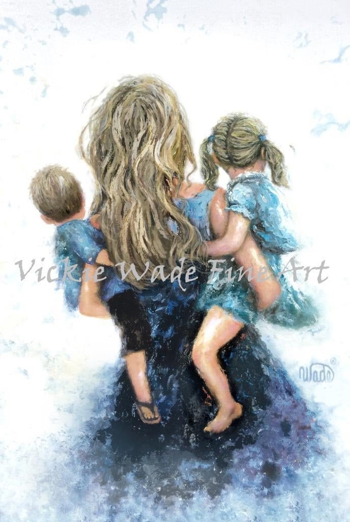Mother Son And Daughter Art Print Blonde Girl And Boy Sister And Little Brother Blonde Mother Carrying Kids Gift For Mom Vickie Wade