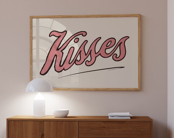 Kisses Typography Print, Retro Living Room Decor