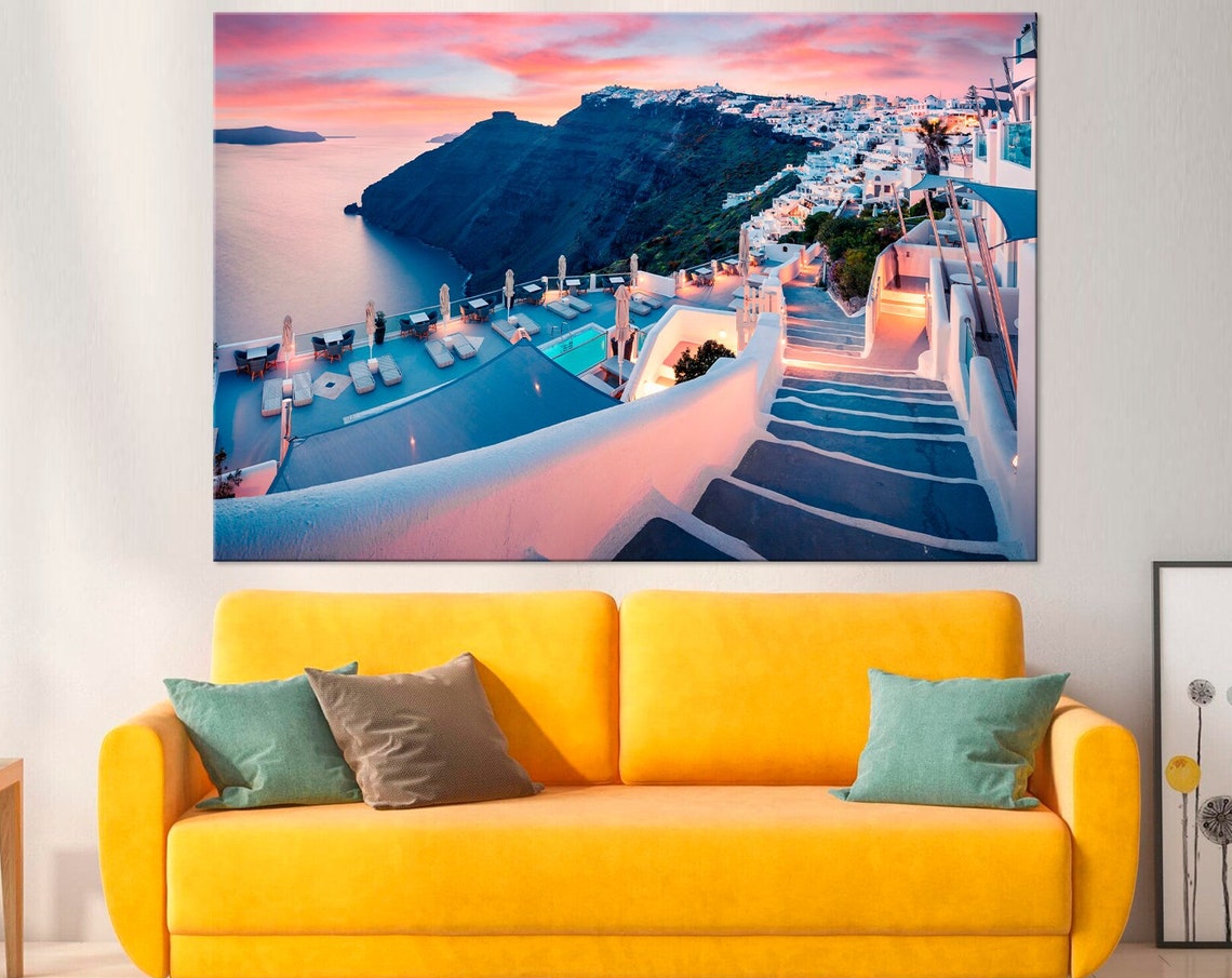 Santorini Sunset Pink Sky White Stairs Pool Terrace Caldera Poster