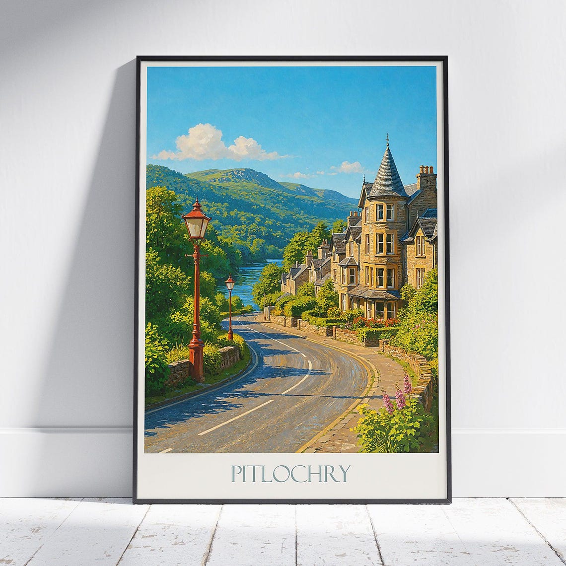 Pitlochry Scotland Sunset Riverside Street Vintage Travel Poster