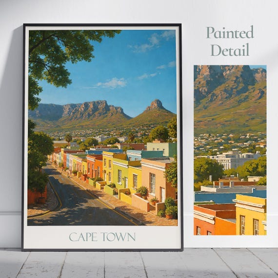 Cape Town Travel Poster Bokaap South Africa Wall Art Painted Home Decor Print Table Mountain View Gift
