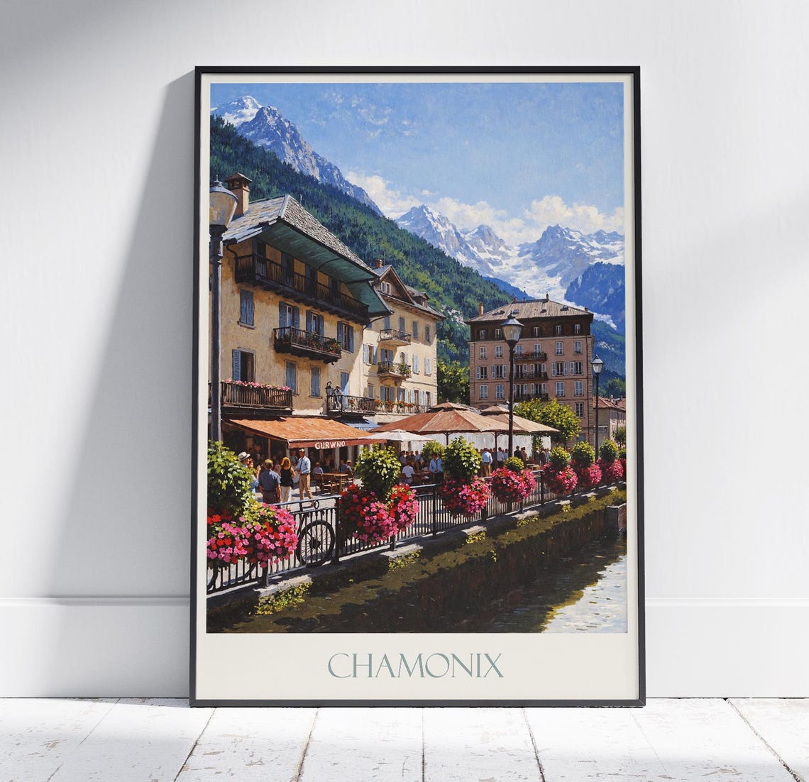 Chamonix France Canal Painted Travel Poster Flower Baskets Cafes