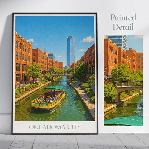 Oklahoma City Bricktown Canal Tour Boat Painted Travel Poster