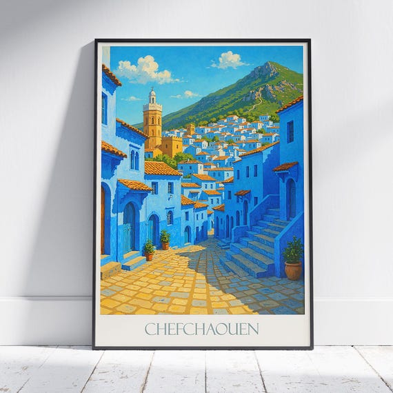 Chefchaouen Travel Poster Blue City Streets Morocco Art Print Moroccan Wall Home Decor Unique Vacation Gift