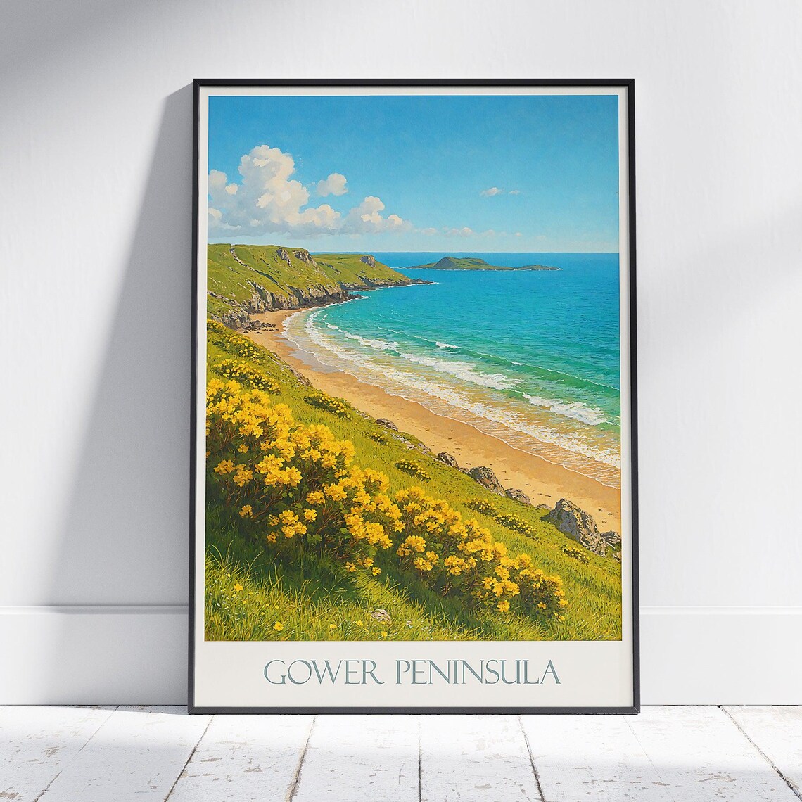 Gower Peninsula Wales Beach Golden Wildflowers Travel Poster