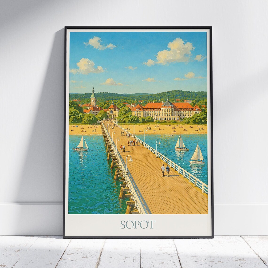 Sopot Poland Wooden Pier Sailboats Baltic Coast Travel Poster