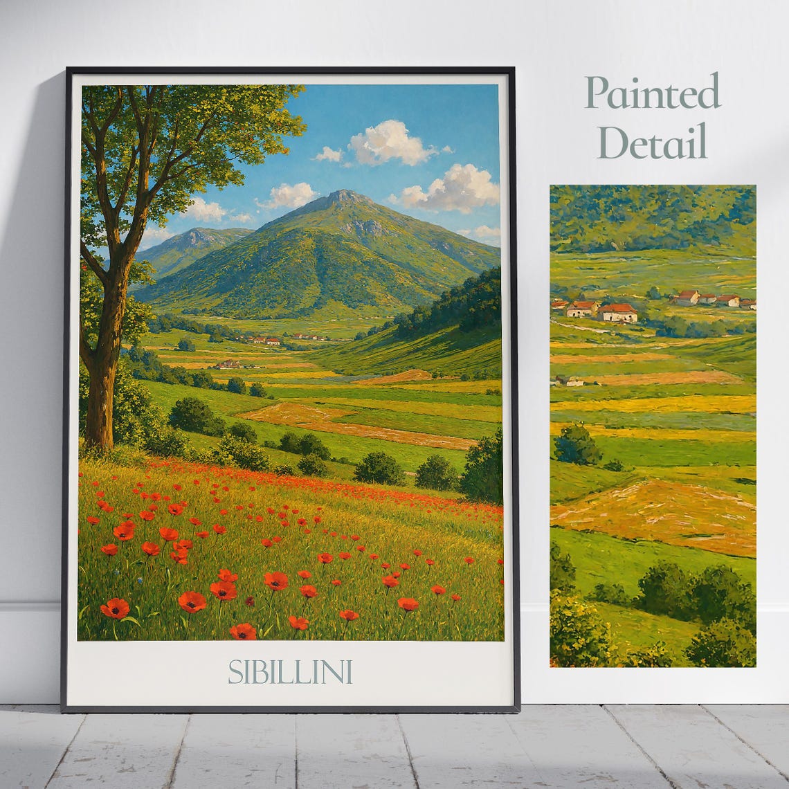 Sibillini Italy Poppy Field Poster with Mountain Valley View Artwork