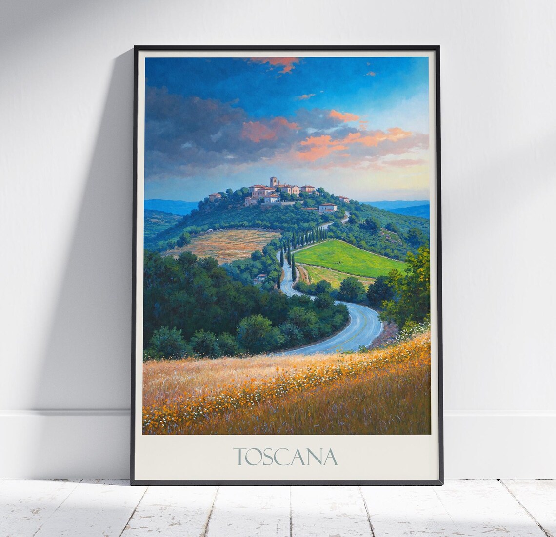 Toscana Italy Hilltop Village Dusk Cypress Road Painted Art Poster