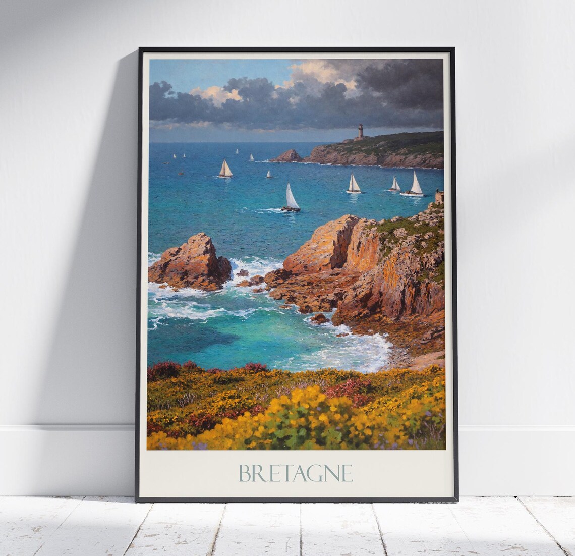 Brittany France Sailboats Rocky Coast Lighthouse Travel Poster