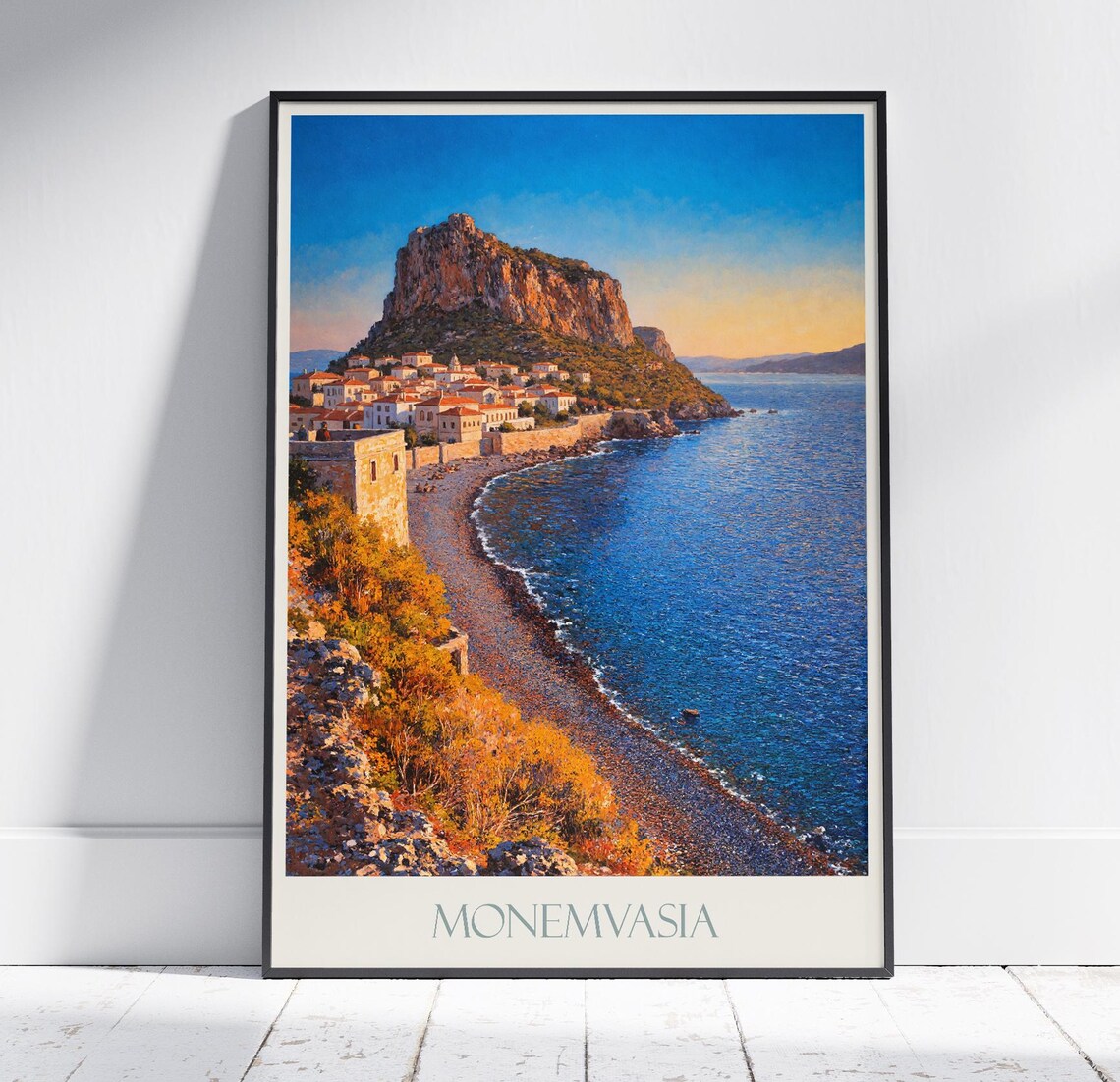 Monemvasia Greece Fortress Rock Coastal Sunset Travel Poster