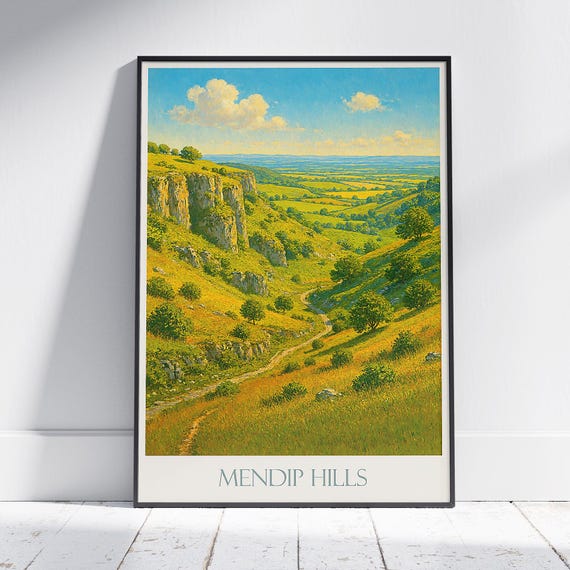 Mendip Hills Travel Poster Vintage Uk Landscape Art Print Somerset England Countryside Decor Hiking Nature Gift