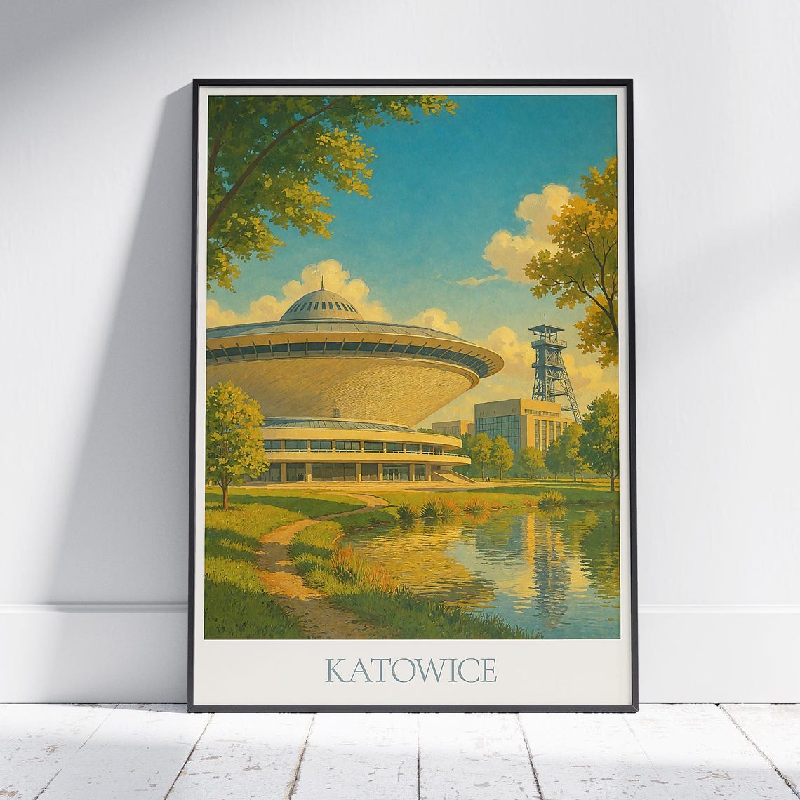 Katowice Poland Spodek Arena Pond Reflection Summer Park Poster