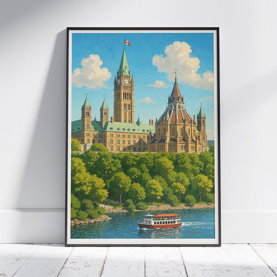 Ottawa Canada Travel Poster Parliament Hill Clock Tower River Art